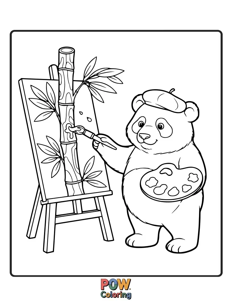 Free coloring page of A panda splattered with paint, proudly presenting a ridiculously abstract and colorful bamboo painting.