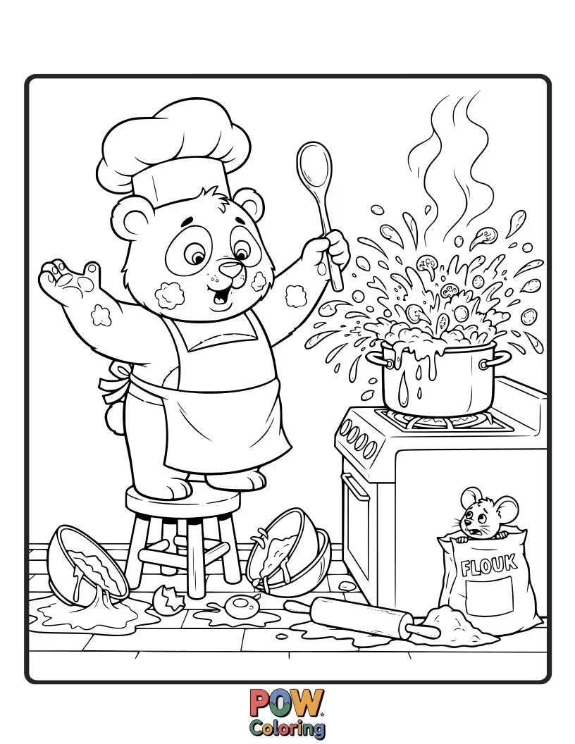 Free coloring page of A panda wearing a chef hat, covered in flour, with a burnt bamboo cake.