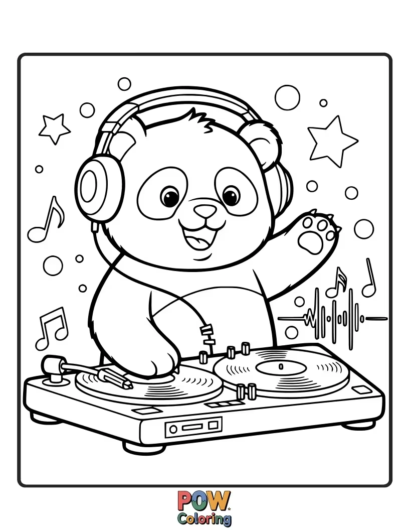 Free coloring page of A panda with headphones, enthusiastically spinning records on a DJ turntable.