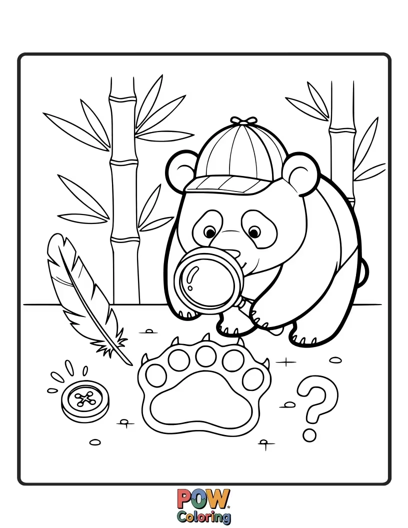 Free coloring page of A panda detective examining tiny footprints leading to a very large bamboo snack.