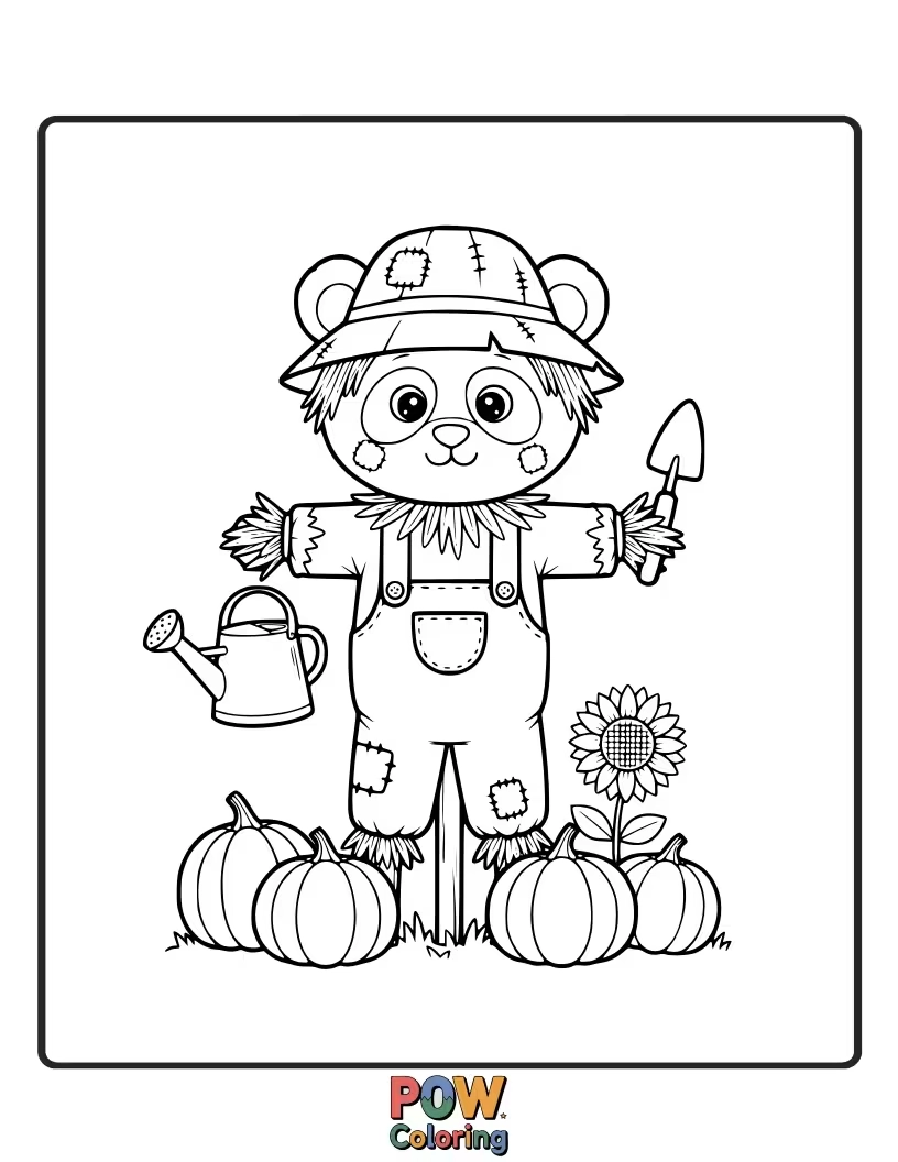 Free coloring page of A panda dressed as a scarecrow, failing miserably to scare away a small butterfly.