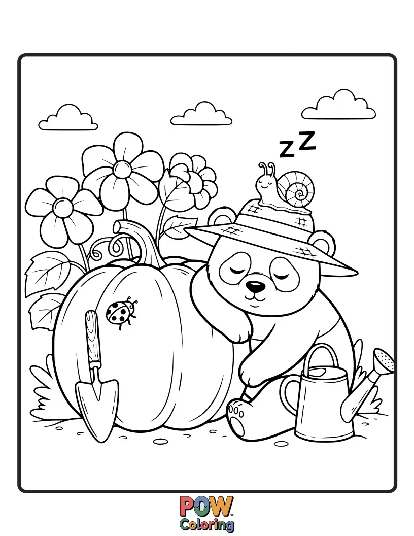 Free coloring page of A panda napping peacefully in a hammock made of bamboo leaves.