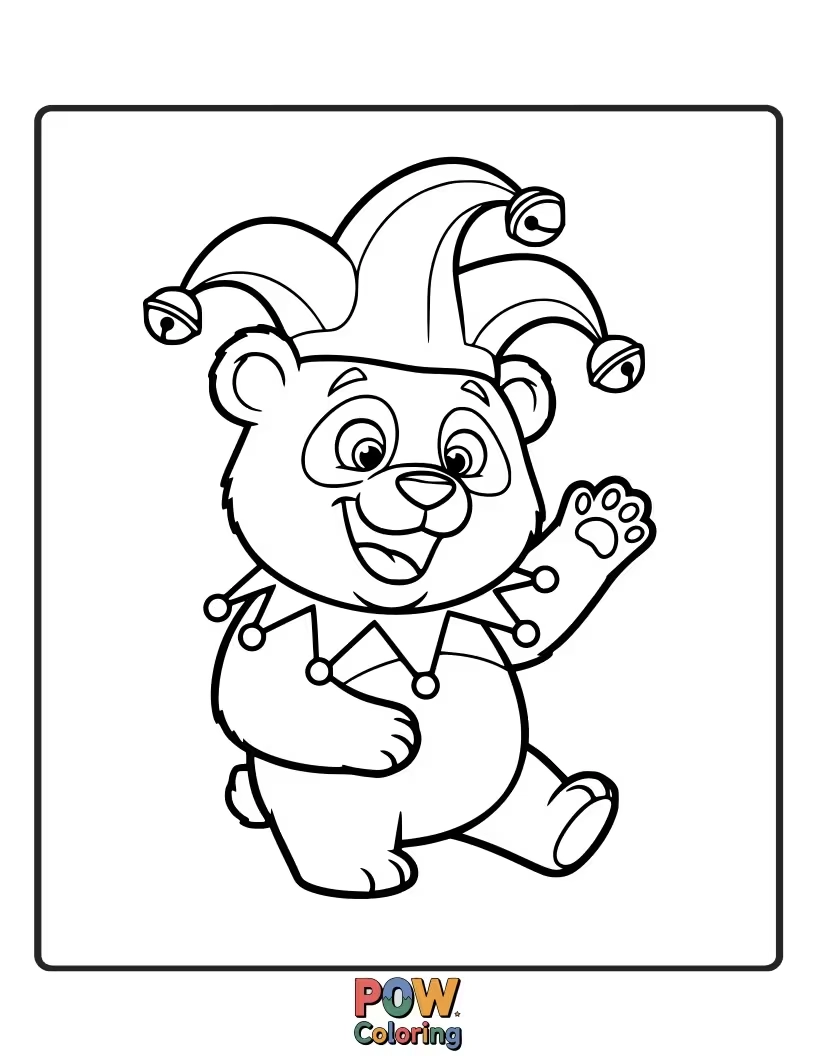 Free coloring page of A panda wearing a jester hat and bells, juggling oversized bamboo stalks.