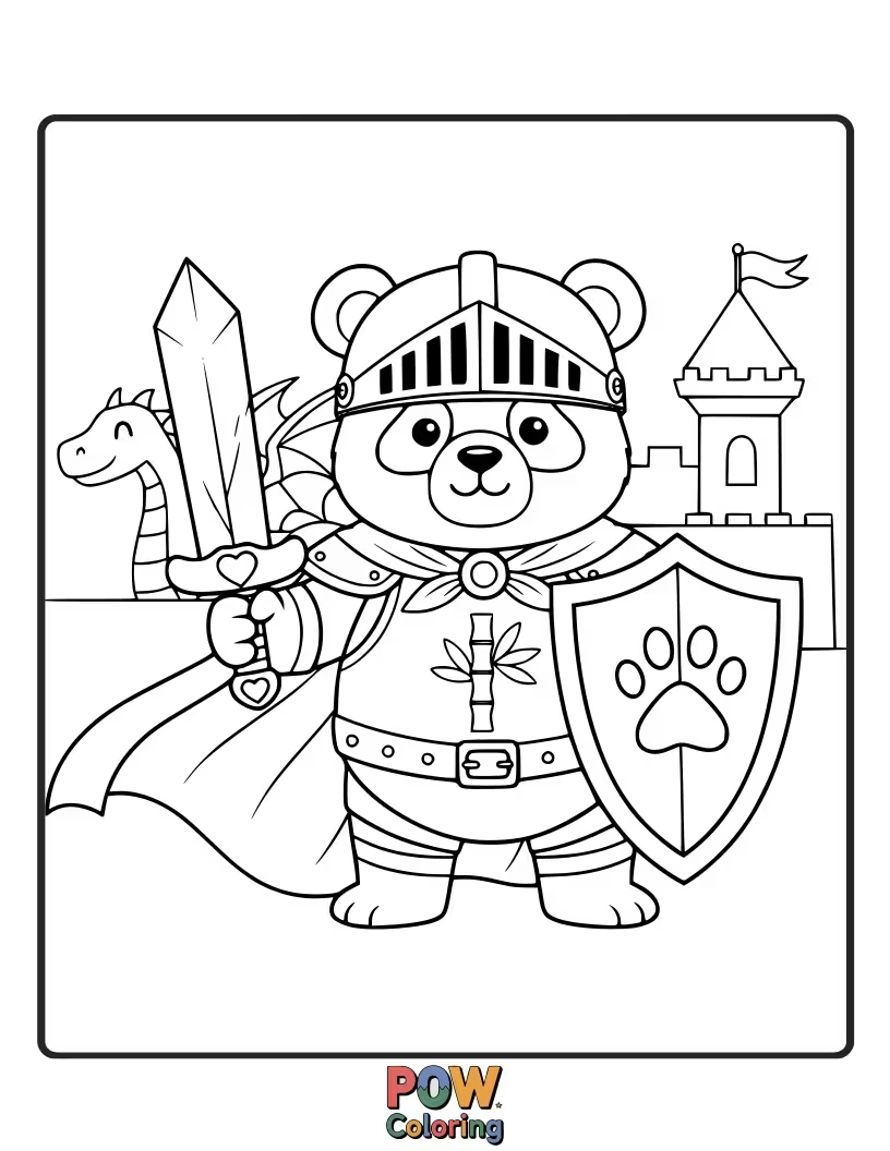 Free coloring page of A panda in clumsy armor, bravely facing a tiny, grumpy ladybug.