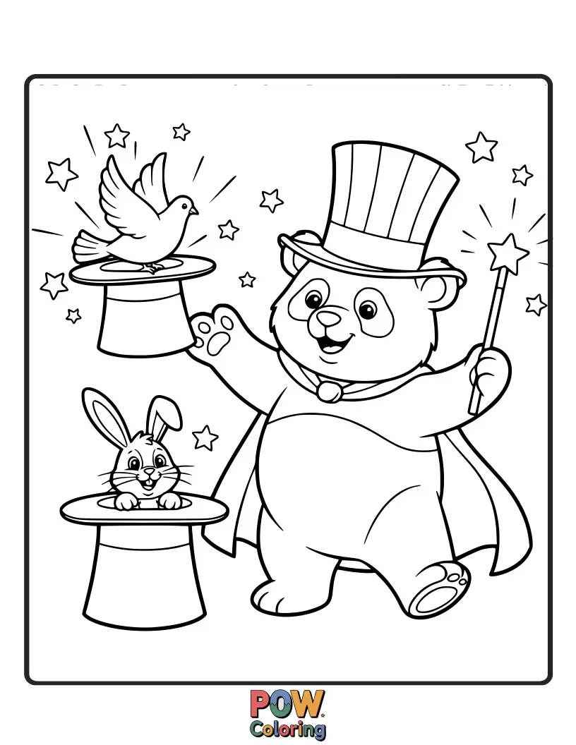 Free coloring page of A panda magician pulling an endless stream of bamboo from a hat.