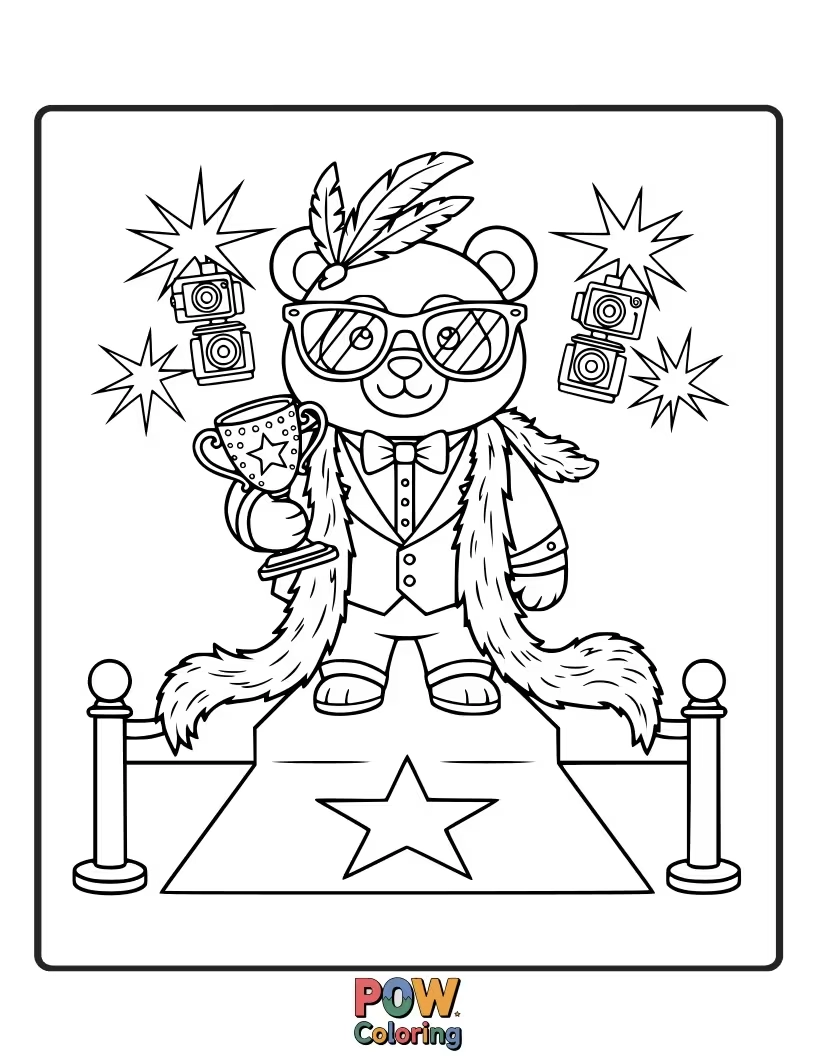 Free coloring page of A panda in a sparkly dress and tiara, posing dramatically on a red carpet.