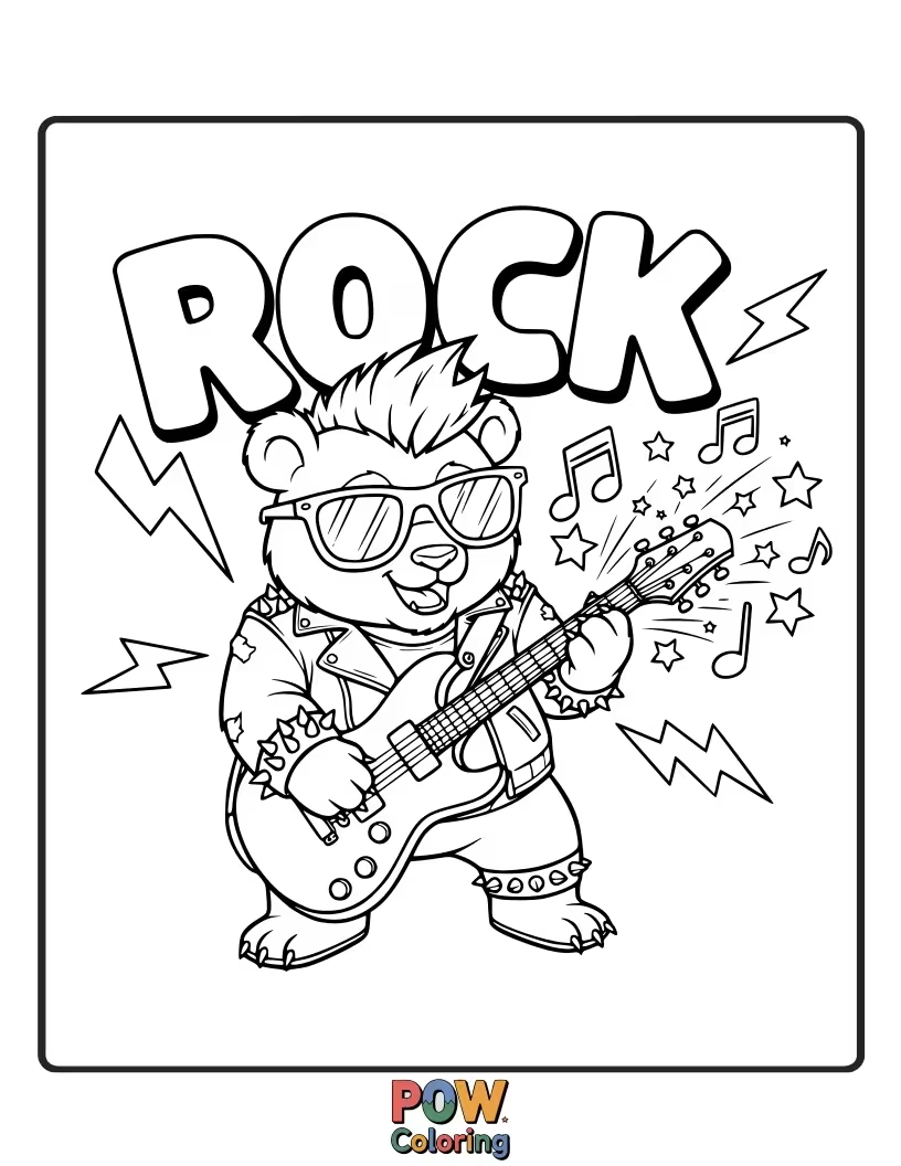 Free coloring page of A panda with a guitar, singing loudly into a microphone with wild hair.