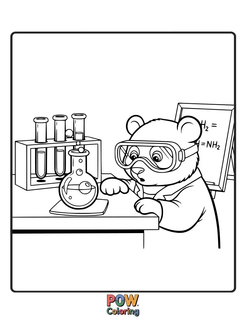 Free coloring page of A panda in a lab coat, looking surprised by a bubbling, rainbow-colored potion.