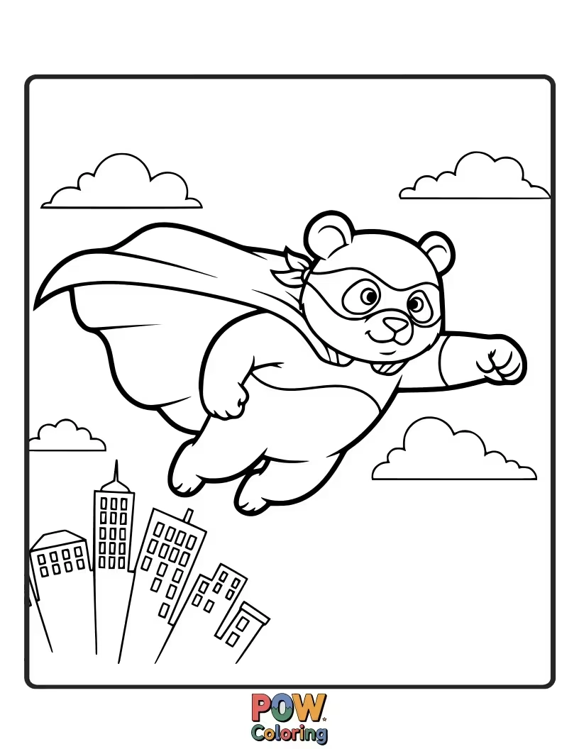 Free coloring page of A panda wearing a cape and mask, attempting a heroic flight with wobbly wings.