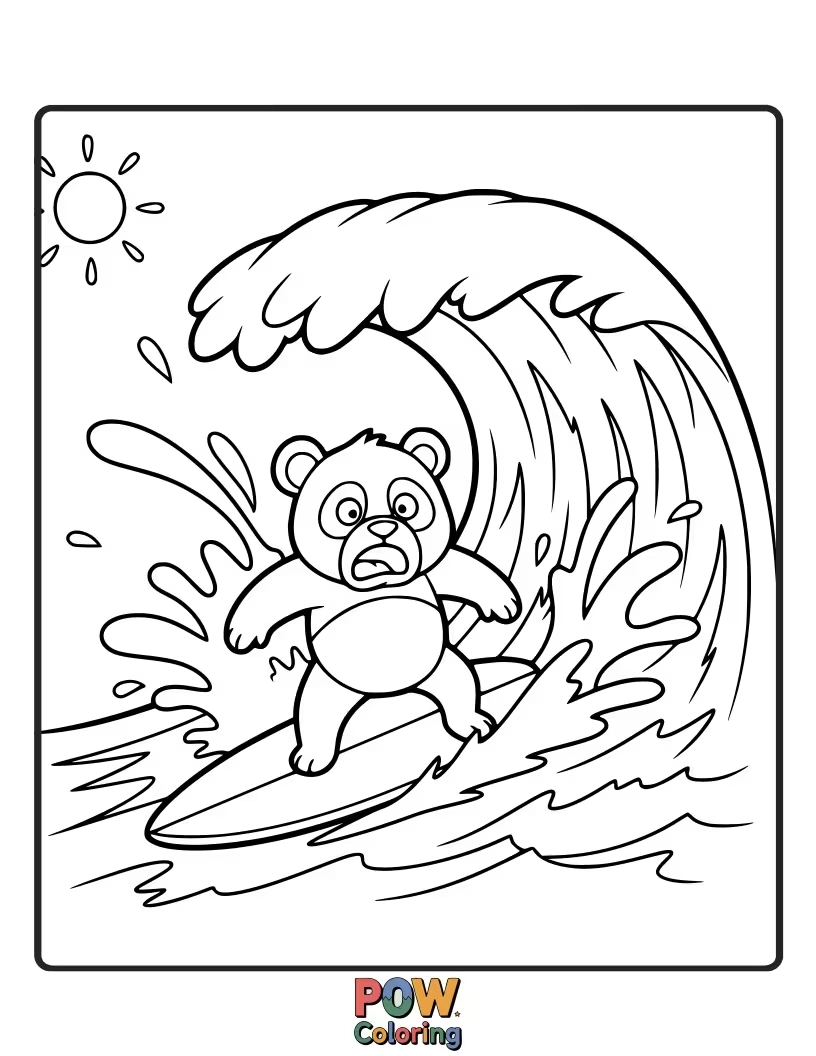 Free coloring page of A panda hilariously falling off a surfboard, with a wave crashing over his head.