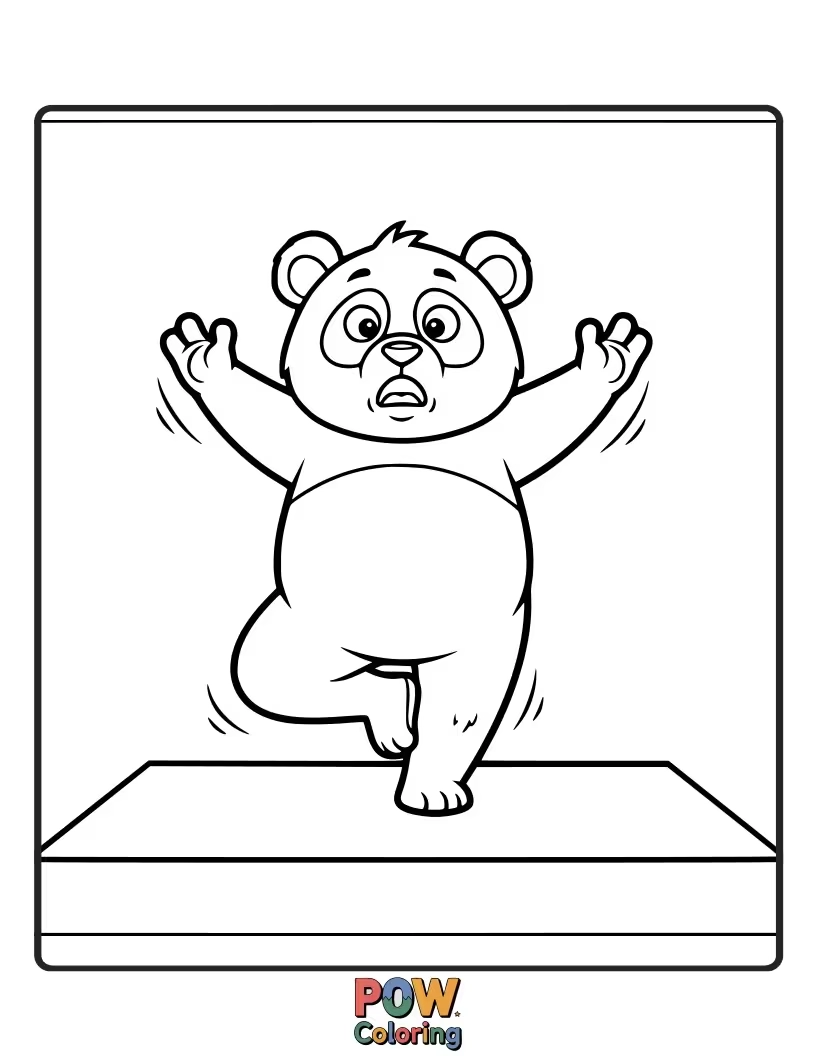 Free coloring page of A panda trying a complicated yoga pose and ending up in a tangled mess.