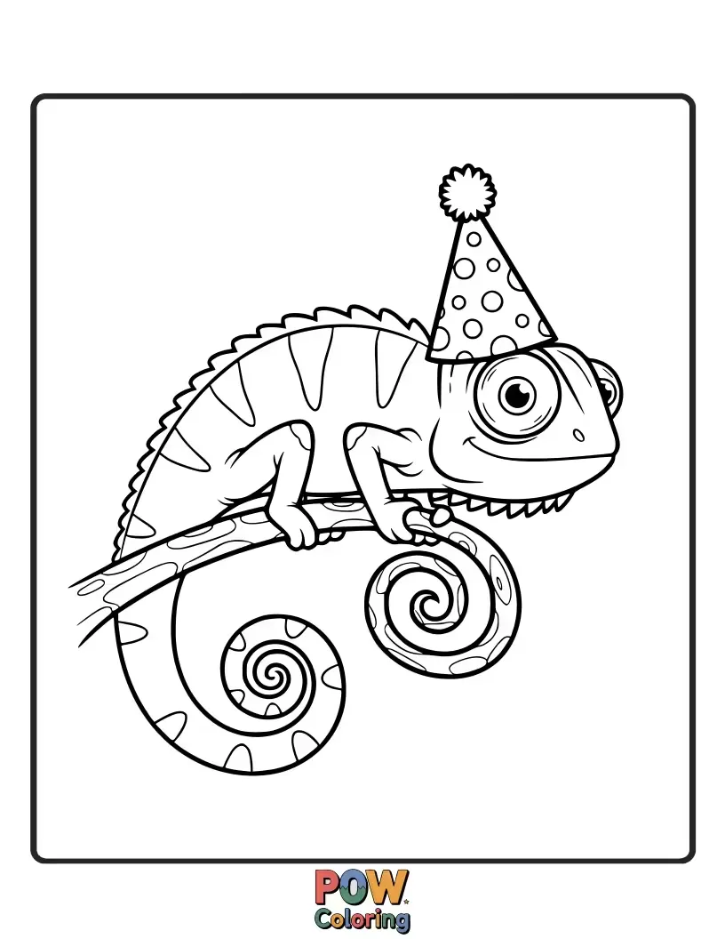 Free coloring page of A festive chameleon lizard wearing a pointy party hat, ready to celebrate.