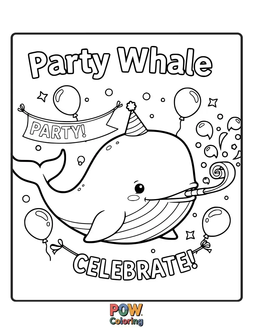 Free coloring page of A festive whale wearing a party hat, surrounded by confetti and balloons, ready for a joyful celebration.