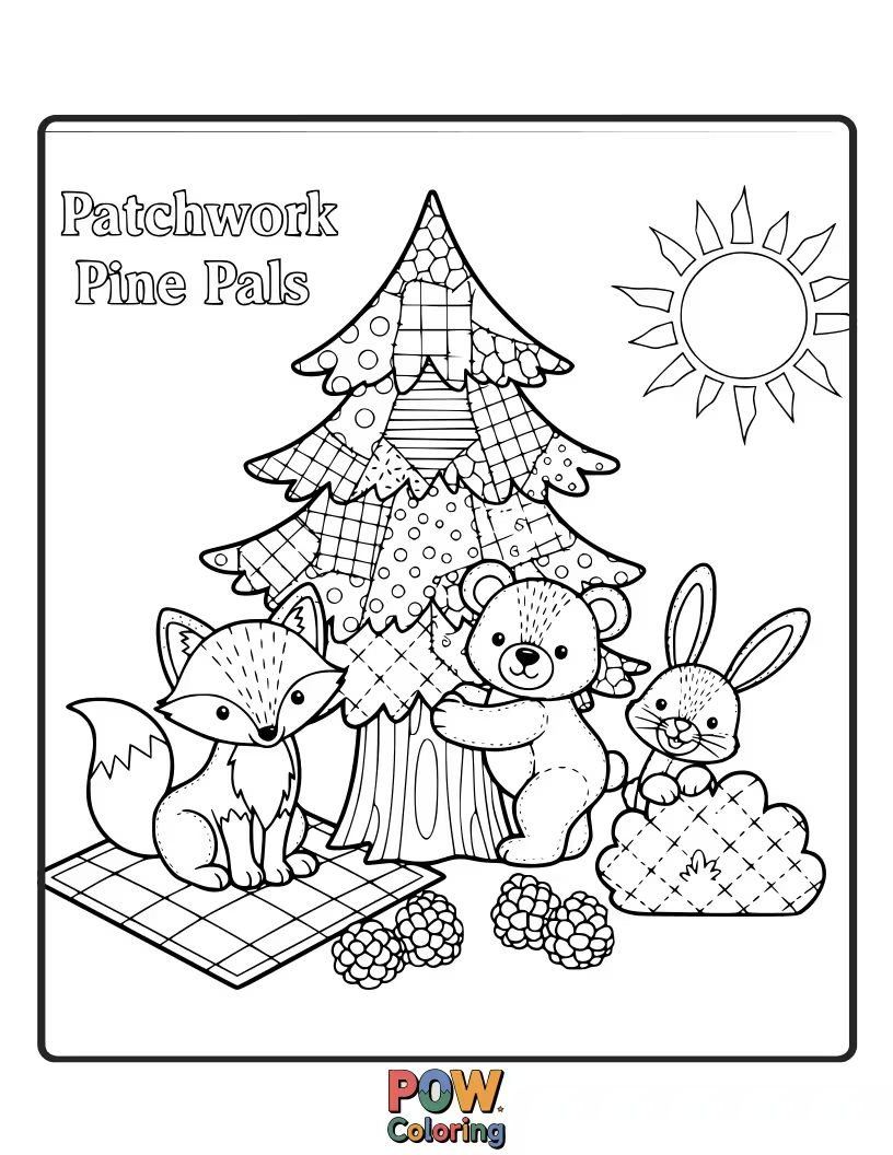 Free coloring page of Pine trees with colorful, patchwork-like sections on their needles, creating a vibrant, cozy look.