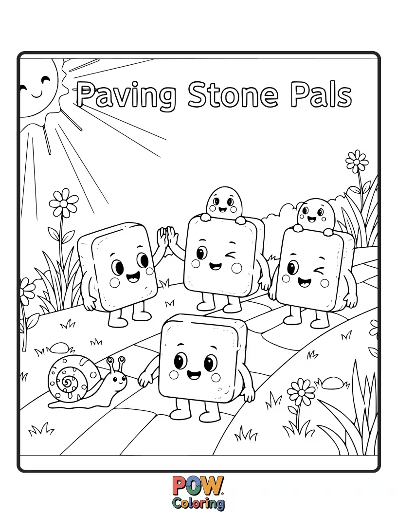 Free coloring page of Round paving stones with smiling faces arranged in a charming pattern.
