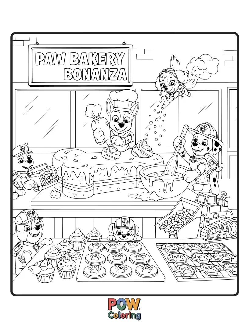 Free coloring page of The pups are helping Farmer Yumi bake delicious treats, with flour flying and happy barks all around!