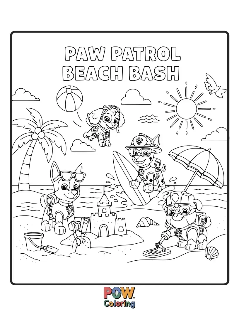 Free coloring page of Ryder and the pups are ready for fun in the sun, building sandcastles and splashing in the waves. A perfect summer adventure!