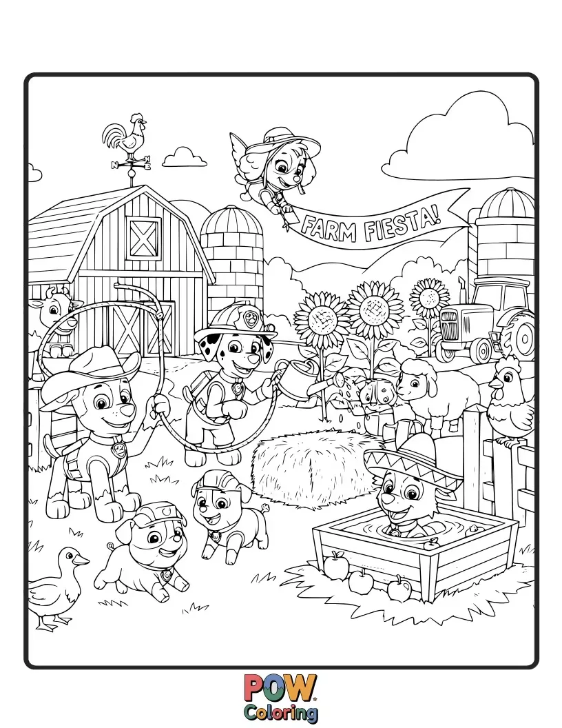Free coloring page of The pups are helping Farmer Yumi with a lively harvest festival, with colorful decorations and happy farm animals.