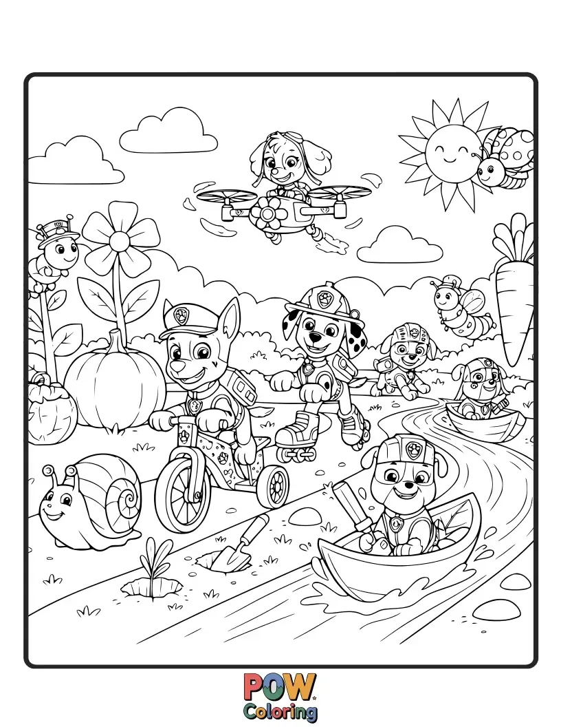 Free coloring page of The pups are tending to a beautiful, blooming garden, helping flowers grow and playing amongst the vibrant petals.