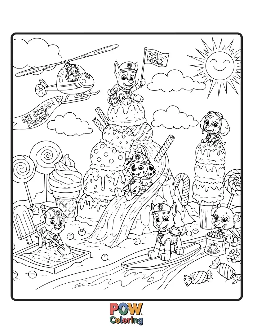 Free coloring page of The pups are enjoying the ultimate treat: a giant, colorful ice cream sundae with all their favorite toppings!