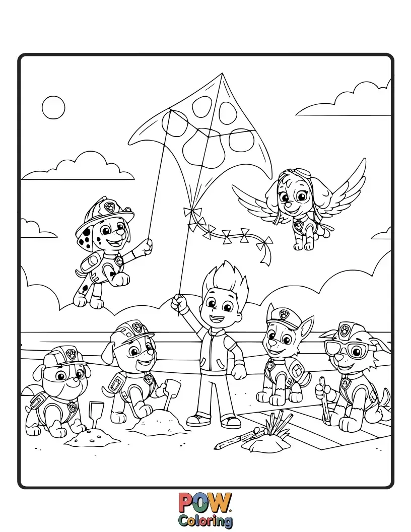 Free coloring page of The pups are having a breezy day at the park, racing to get their colorful kites as high as possible.