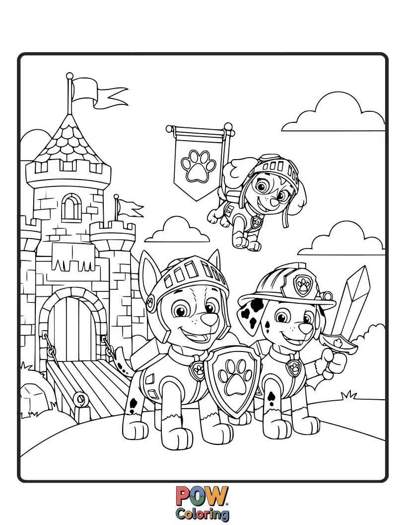 Free coloring page of The pups are brave knights in shining armor, embarking on a noble quest to protect the kingdom.