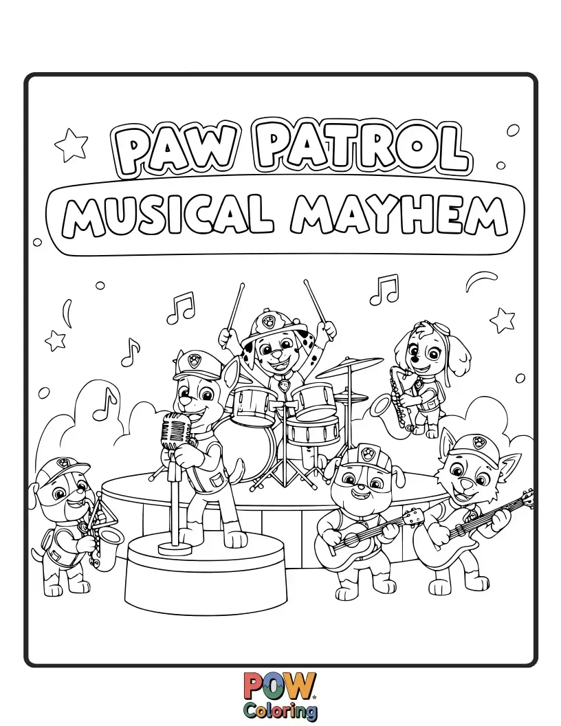 Free coloring page of The pups are instruments in a funny band, playing loud and happy tunes for Adventure Bay.
