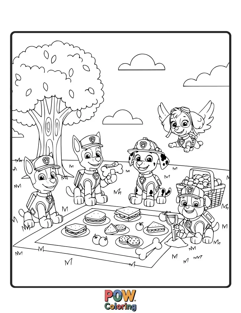 Free coloring page of Enjoy a delightful picnic with the Paw Patrol, filled with yummy snacks and happy smiles in a sunny meadow.