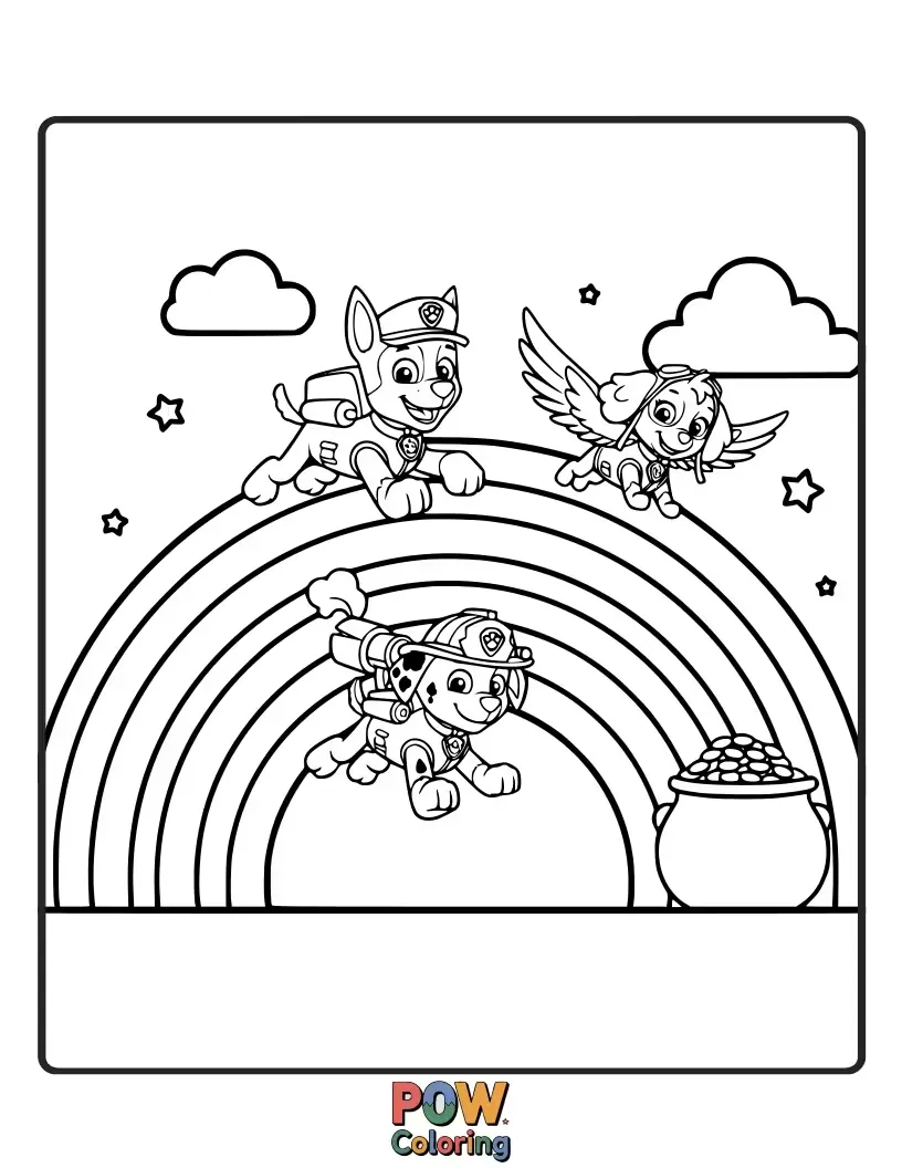 Free coloring page of The pups are racing to create a beautiful rainbow after a gentle rain shower. Watch the colors bloom!