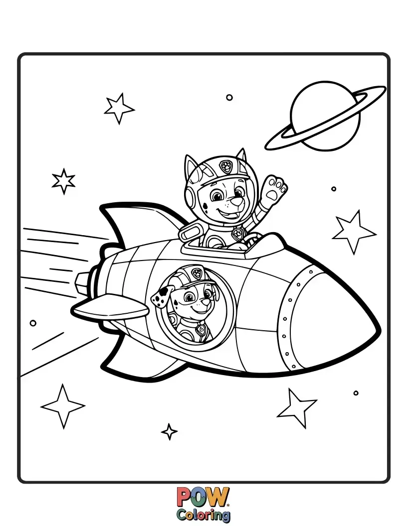 Free coloring page of Blast off with the Paw Patrol into outer space, exploring colorful planets and meeting friendly aliens.