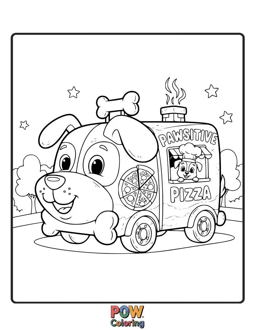Free coloring page of A delightful food truck with cute animal paw prints, serving delicious pizzas with a friendly dog chef peeking out.