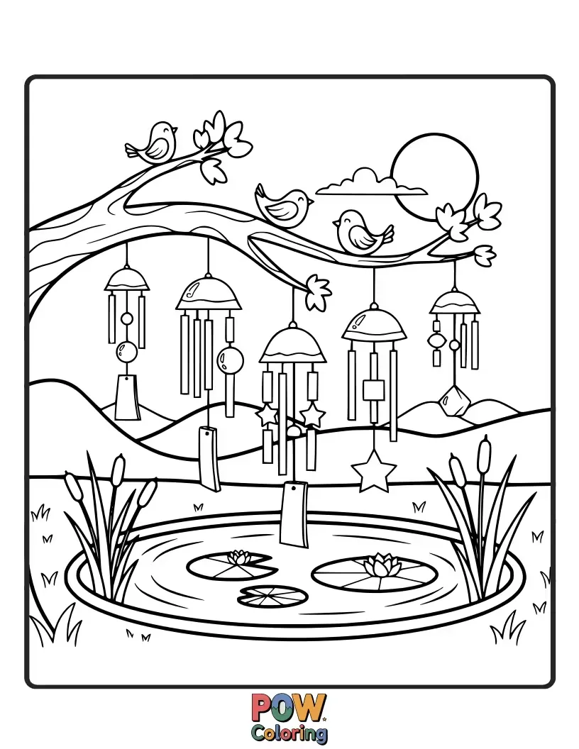 Free coloring page of Serene wind chimes dangling near a tranquil pond with lily pads and a friendly frog.