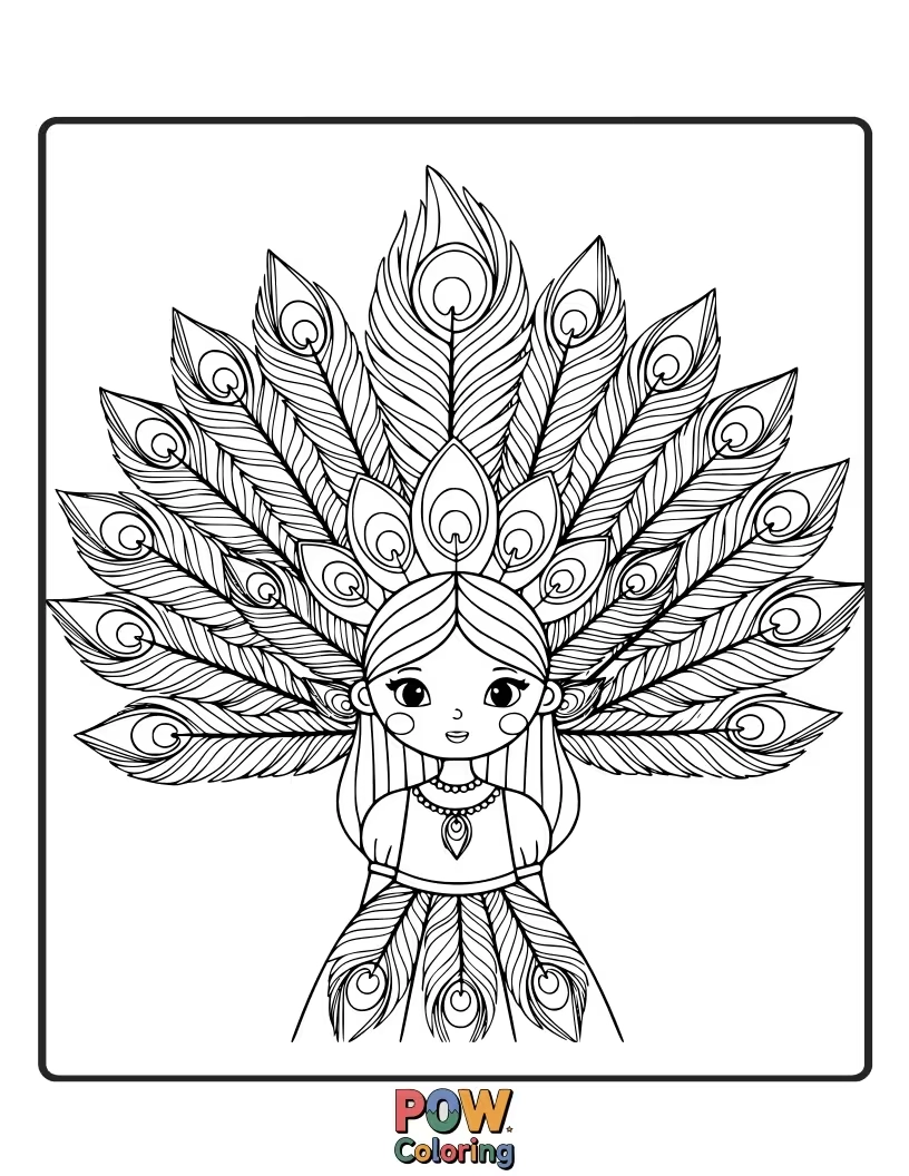 Free coloring page of A graceful princess adorned with elegant peacock feathers, showcasing her regal style.