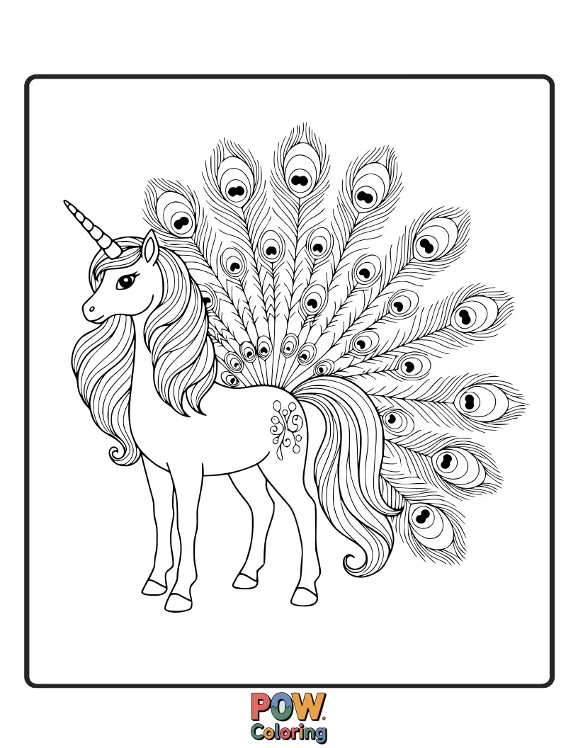 Free coloring page of Unicorn adorned with the vibrant, iridescent patterns of peacock feathers.