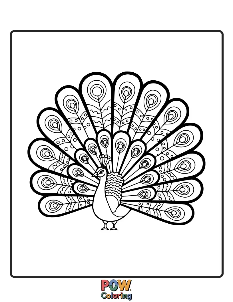 Free coloring page of A magnificent peacock displaying its stunning, eye-spotted tail feathers in all their glory.
