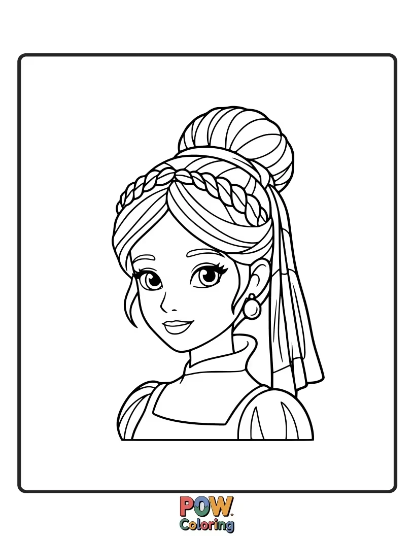 Free coloring page of A sophisticated princess wearing classic, lustrous pearl earrings that complement her look.