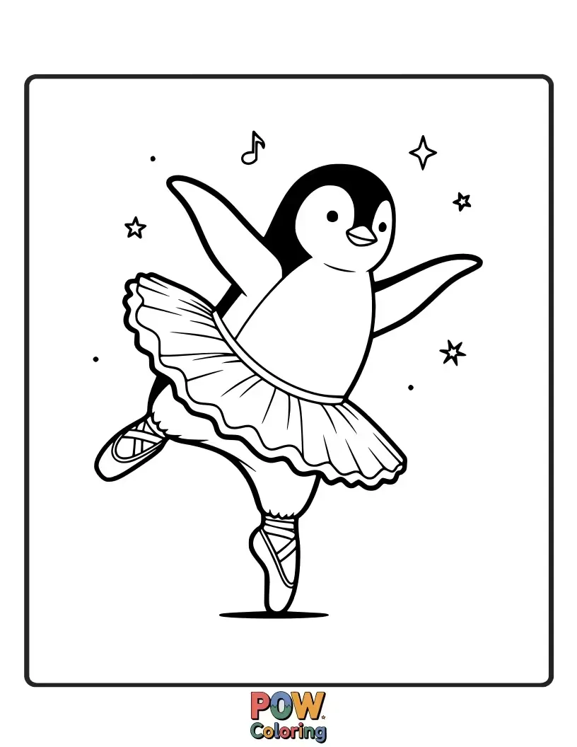 Free coloring page of A tuxedoed penguin ballerina elegantly performs a pirouette on an icy stage, looking surprisingly poised.