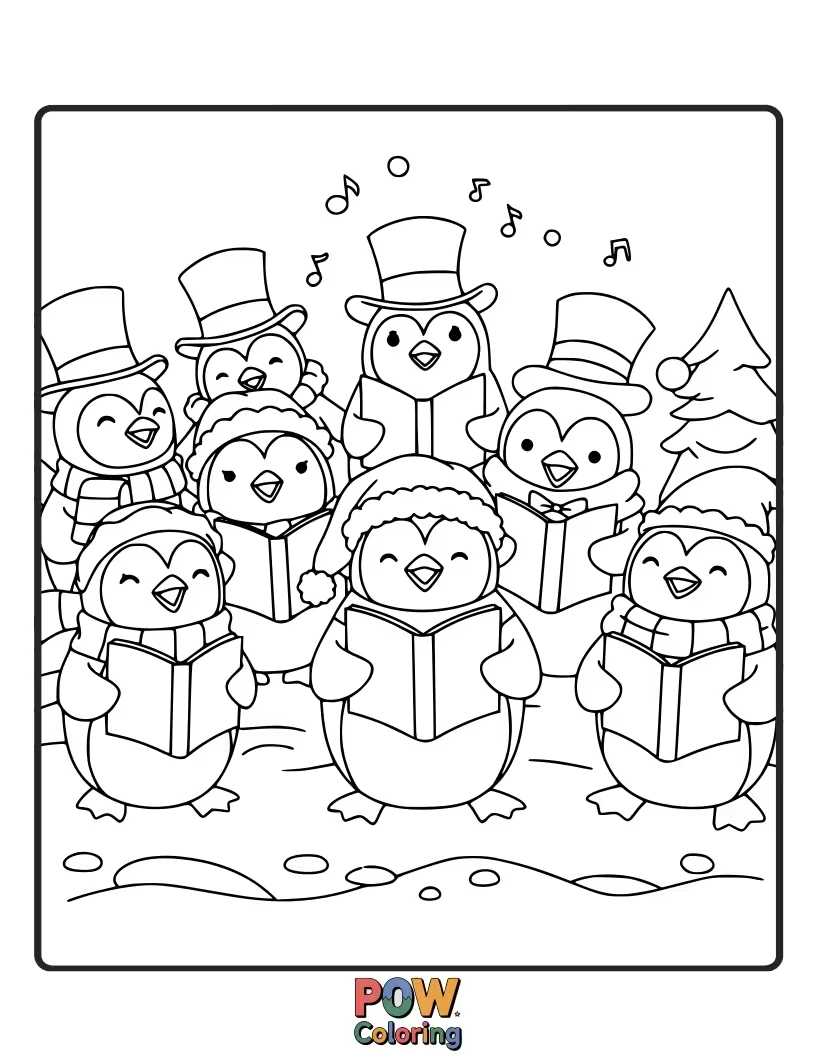 Free coloring page of Adorable penguins dressed in festive attire, singing carols by an iceberg. A charming and playful scene.
