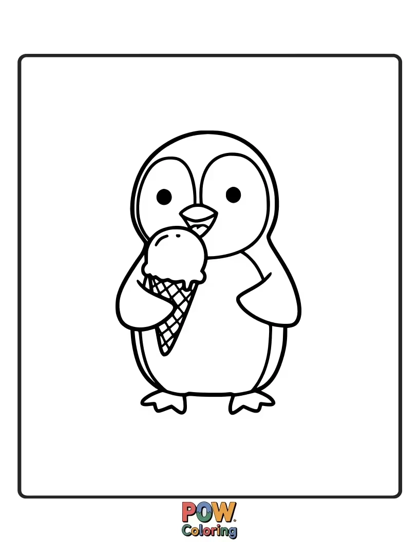 Free coloring page of A delighted penguin enjoying a cold, delicious ice cream cone. This sweet image is perfect for adding colorful sprinkles and toppings.