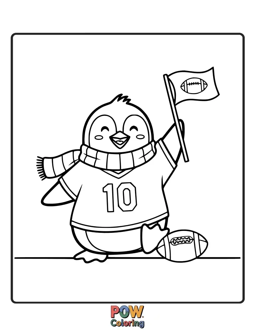 Free coloring page of A dapper penguin wearing a tiny scarf, enthusiastically cheering with a mini football. Adorably chilly and sporty.