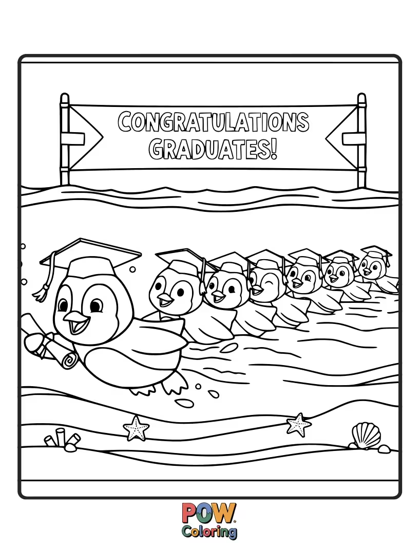 Free coloring page of A penguin wearing a tiny graduation cap proudly swims laps, celebrating its achievement of learning to swim well.