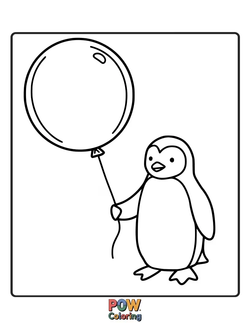 Free coloring page of A whimsical penguin holding onto a brightly colored balloon. This playful image is perfect for encouraging vibrant and imaginative color choices.