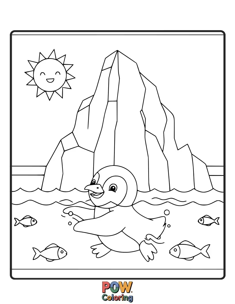 Free coloring page of A cheerful penguin slides off an iceberg into the cool blue water, embarking on a chilly swim adventure.