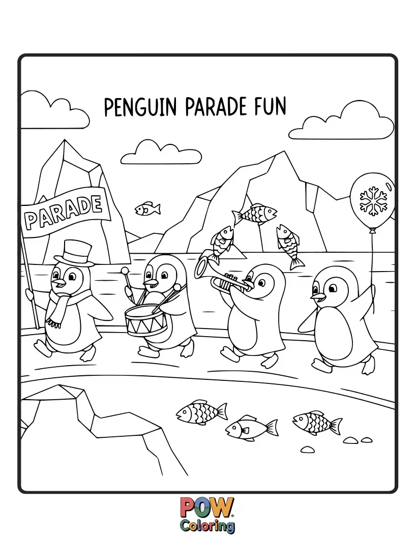 Free coloring page of A line of adorable penguins waddling along in a playful and happy parade.
