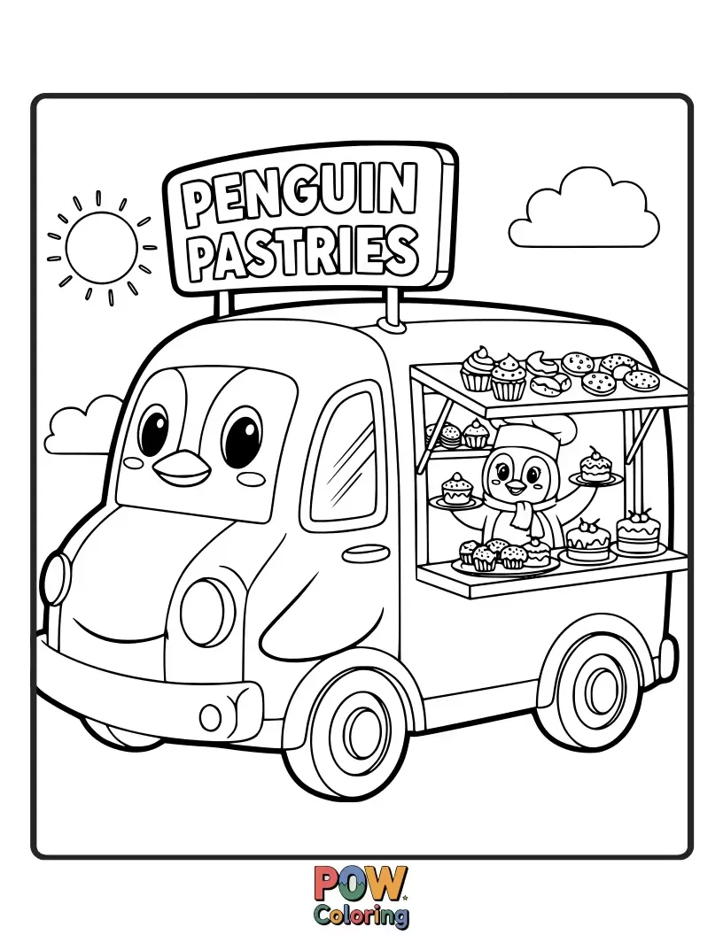 Free coloring page of A charming food truck with a penguin chef, serving delightful pastries with an icy, arctic flair.