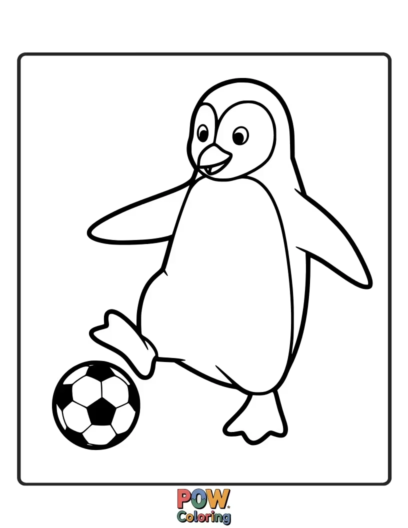 Free coloring page of An energetic penguin kicking a soccer ball. This sporty scene is great for kids who love action and bright, dynamic colors.