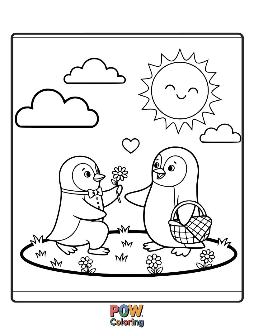 Free coloring page of A dapper penguin with a tiny bow tie kneels with a fish-shaped ring, ready to pop the question to its sweetheart on Valentine's Day.