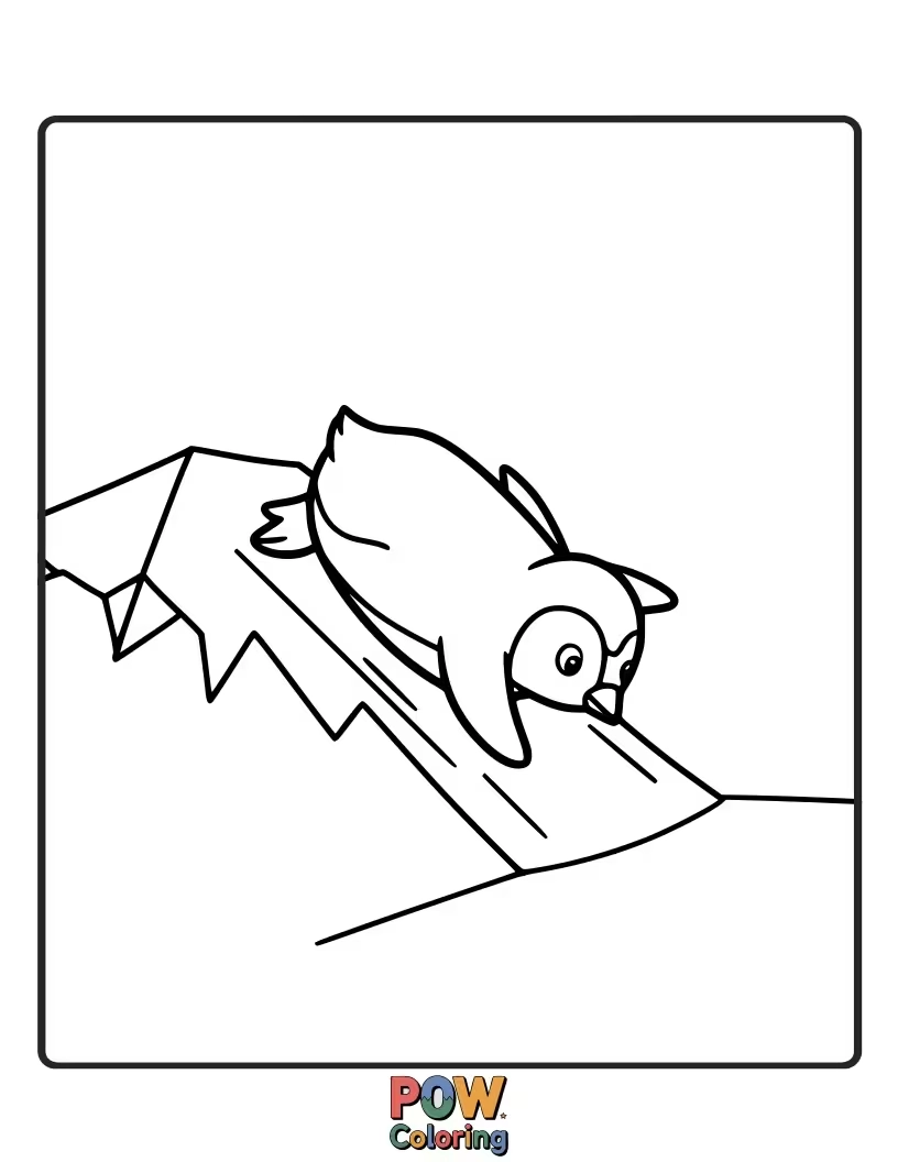 Free coloring page of An adventurous penguin joyfully sliding down an icy slope. This dynamic image sparks imagination and encourages the use of cool color palettes.