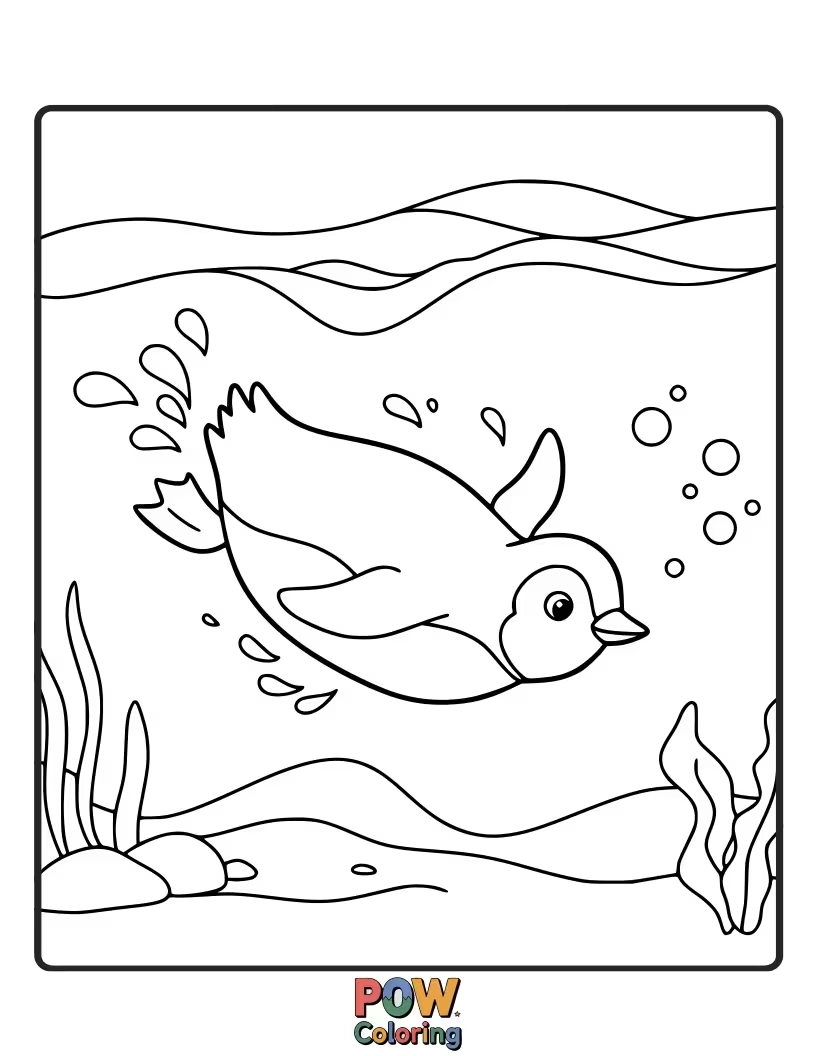 Free coloring page of A sleek penguin gliding gracefully through the ocean depths. This page allows for exploration of blues, greens, and aquatic life.