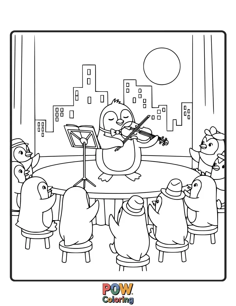 Free coloring page of A dapper penguin in a tuxedo conducts a charming orchestra of tiny violins.